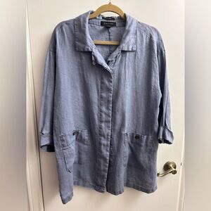 Tamari 100% linen large Blue Button-Up shirt light weight jacket with pockets.